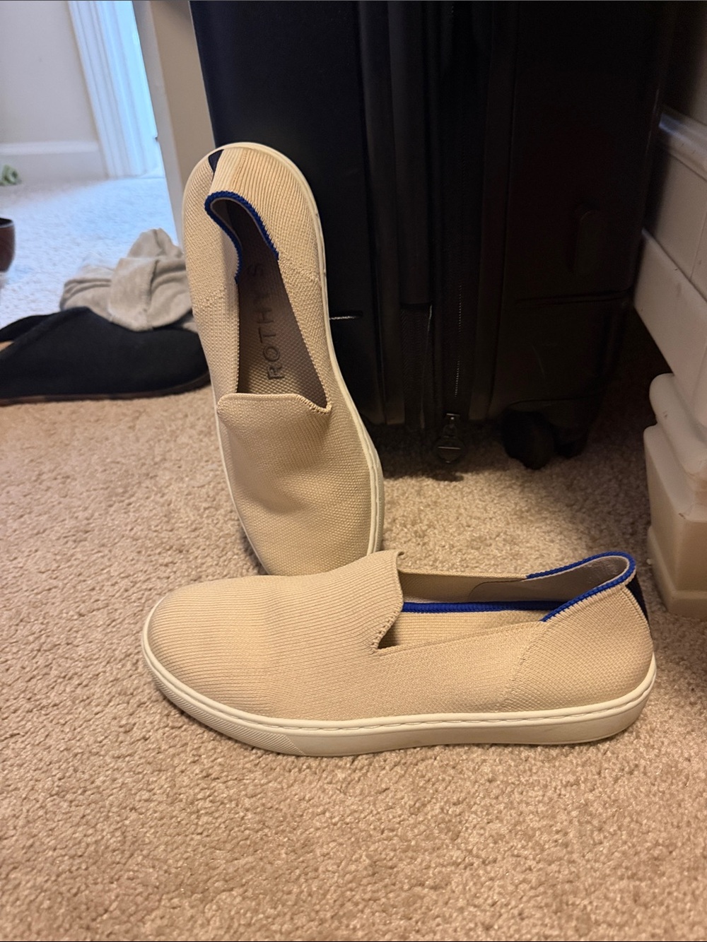 Rothy's Beige Slip-On Moccasins with Blue Trim